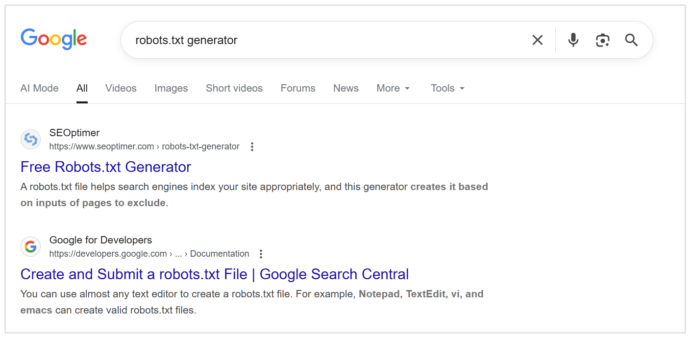 SERP'lerde SEOptimer robots.txt oluşturucu